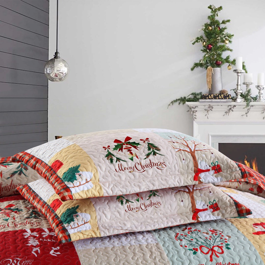MarCielo 3 Piece Christmas Holiday Quilt Set Patchwork Winter Bedspread Set