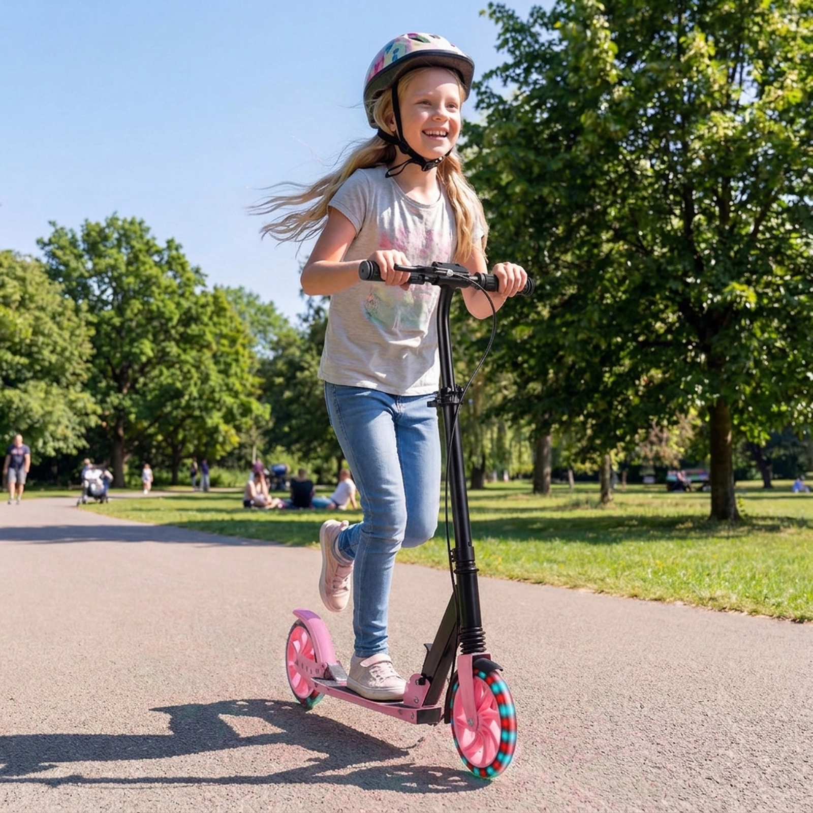 SUGIFT Kids Pink Folding Kick Scooter with 8-in Light-Up Wheels 39-in W 35-in to 41-in H 220-lb Rider Capacity
