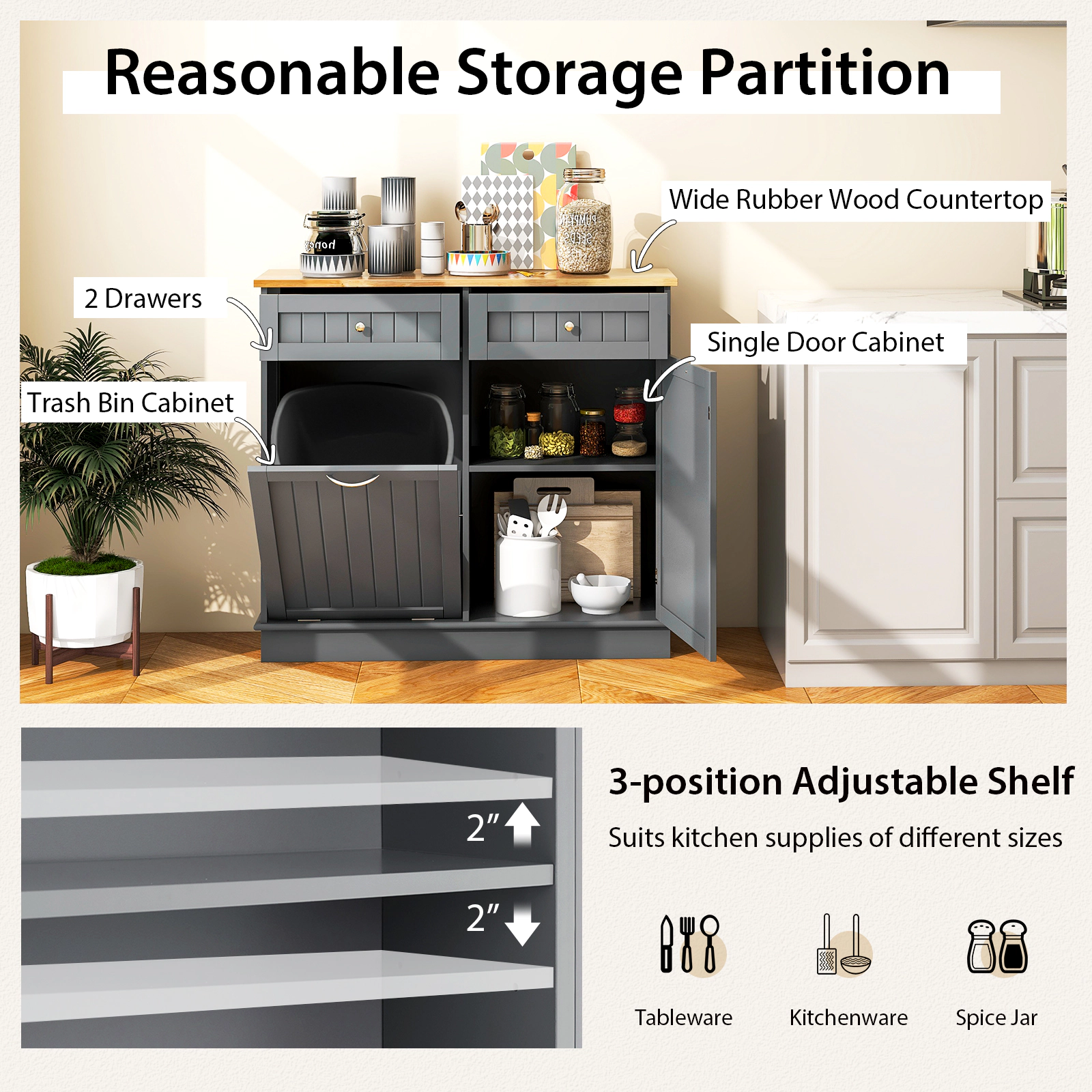 SUGIFT Til-Out Trash Bin Cabinet Sideboard with Single Trash Can Holder and Adjustable Shelf 220-lb Top Capacity Gray