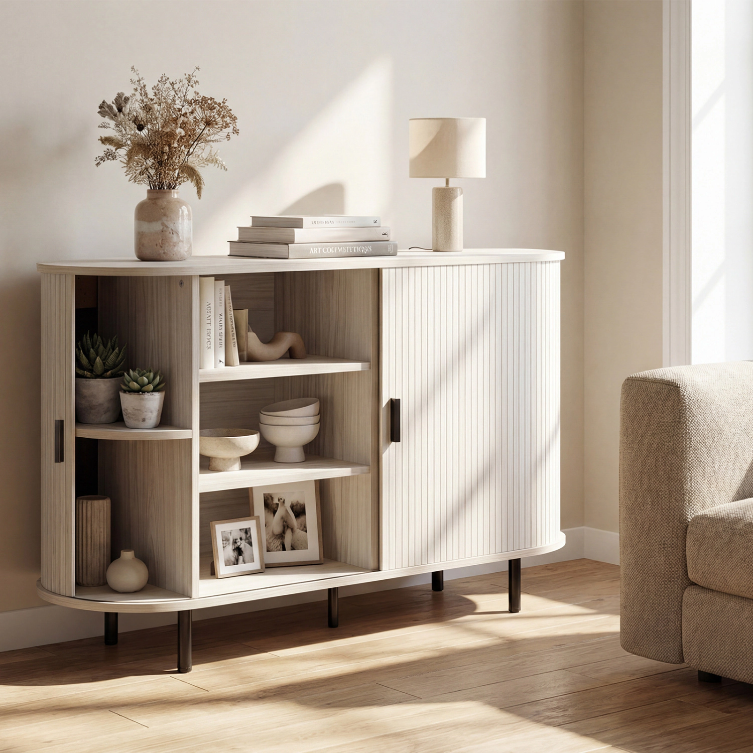 LJG 47 Inch Fluted Sideboard Buffet Cabinet with Tambour Sliding Doors and Metal Legs