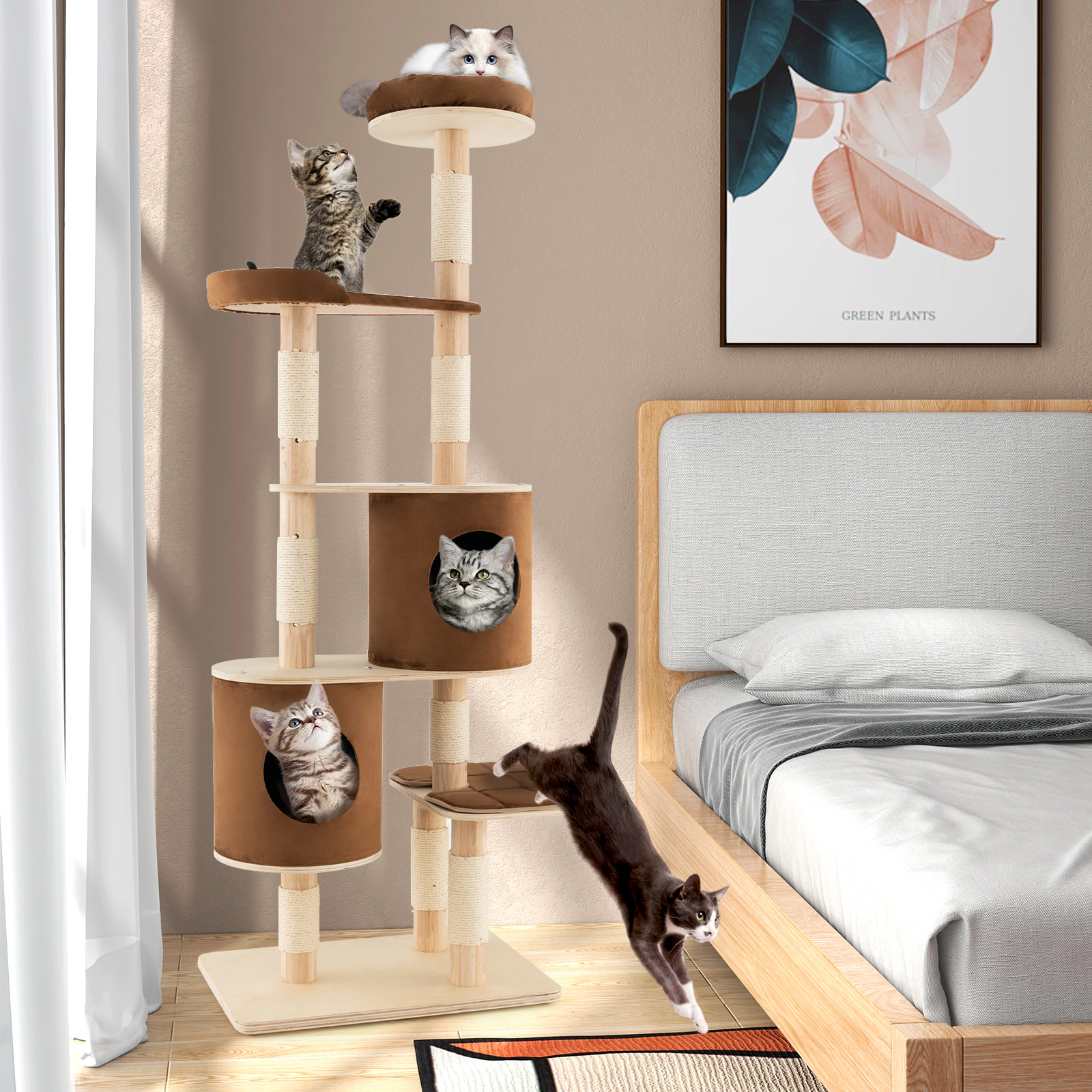 SUGIFT 75 in Wooden Cat Tree Brown 6-Tier with 2 Removable Condos and Padded Perch