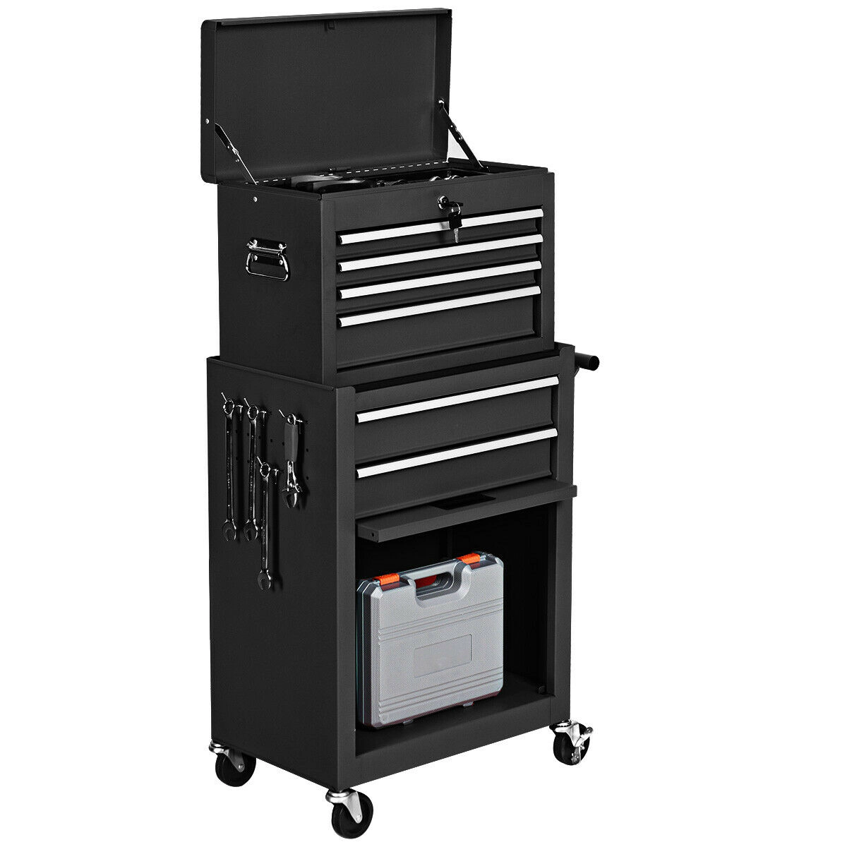 SUGIFT Detachable 2-Piece Rolling Tool Chest and Cabinet with Ball-Bearing Drawers Lock and 4 Hooks