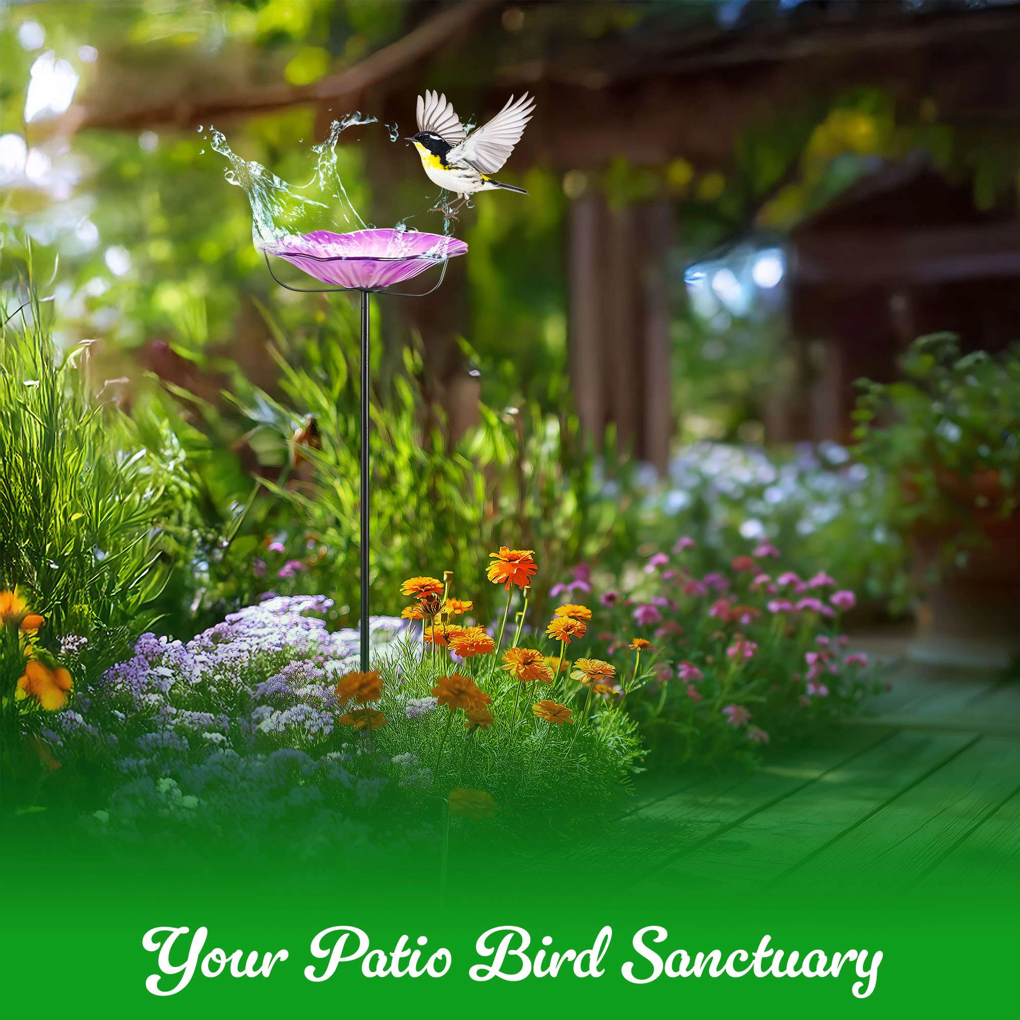 G128 29 Inch Glass Bird Bath with Metal Stake - Purple Flower Outdoor Garden Feeder