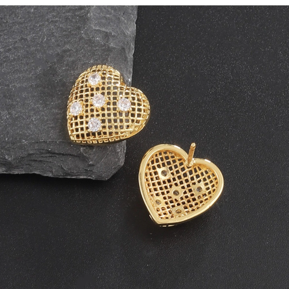 Mesh Heart Cubic Zirconia Stud Earrings Gold Plated Colorful Rainbow CZ Hollow Earring