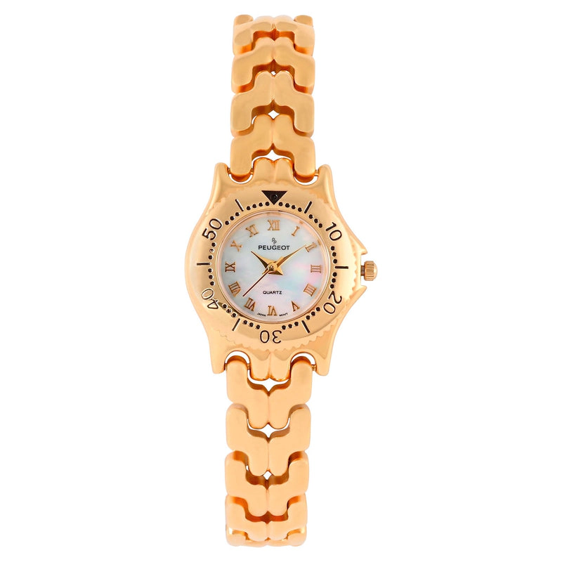 Peugeot Womens Round 25mm 14K Gold Plated Wrist Watch- Mother of Pearl Dial