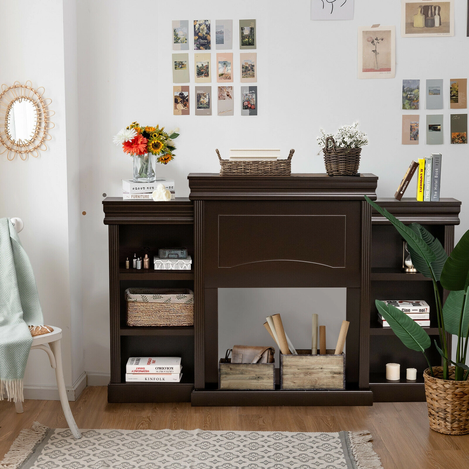 SUGIFT 70-Inch Brown TV Stand with Bookcase, 6 Open Shelves and 28.5-Inch Fireplace Opening