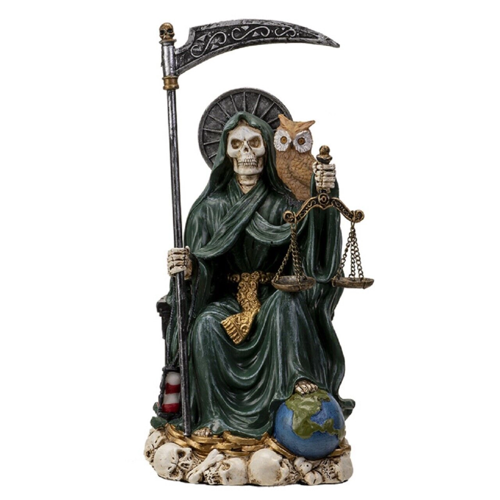 Pacific Giftware Sitting Santa Muerte inGreen Gown with Owl and Scale Figurine Death 9 Inch
