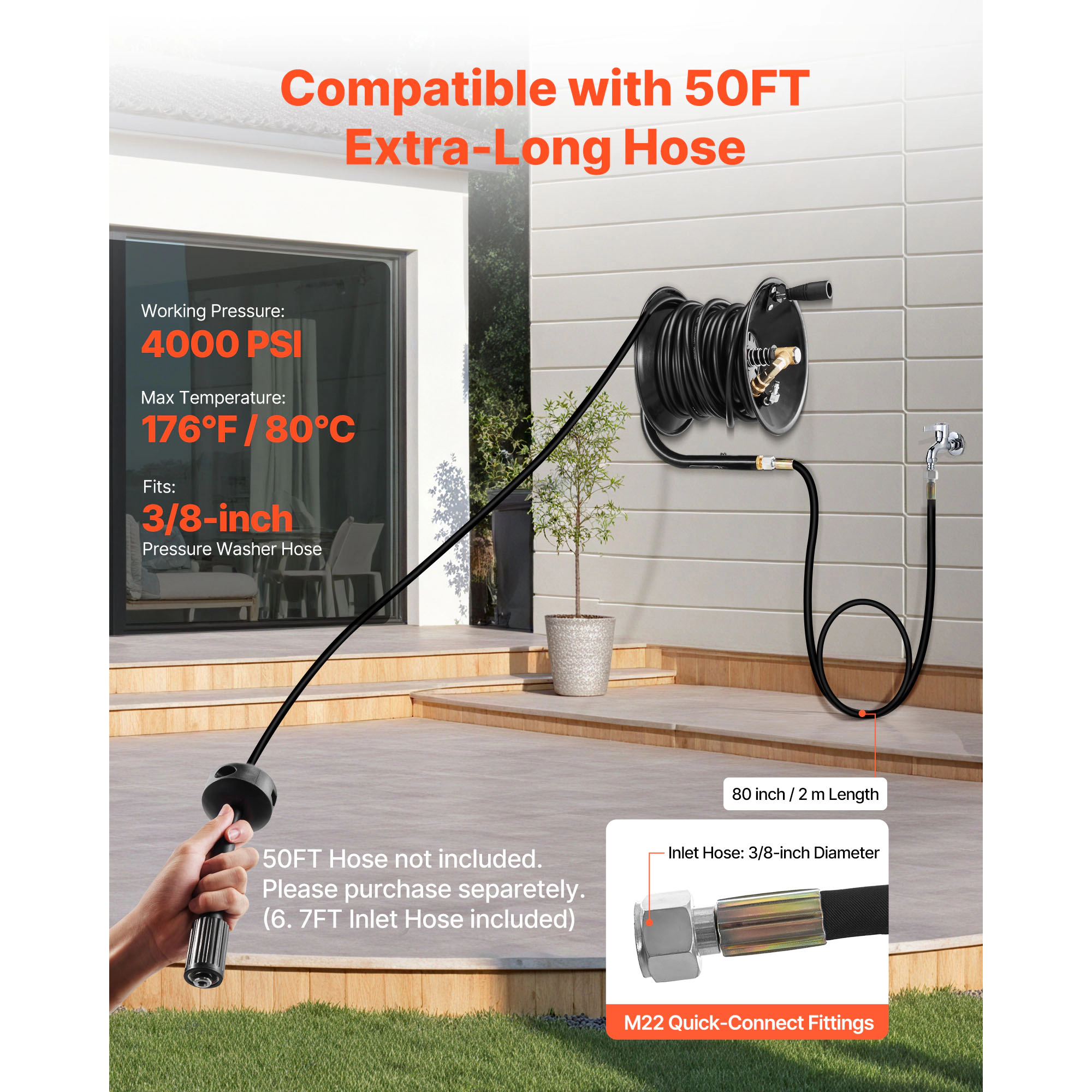 HONGGE Pressure Washer Hose Reel Retractable Power Heavy-Duty Steel Washer Hose Reel 4000PSI Max Auto-Rewinding