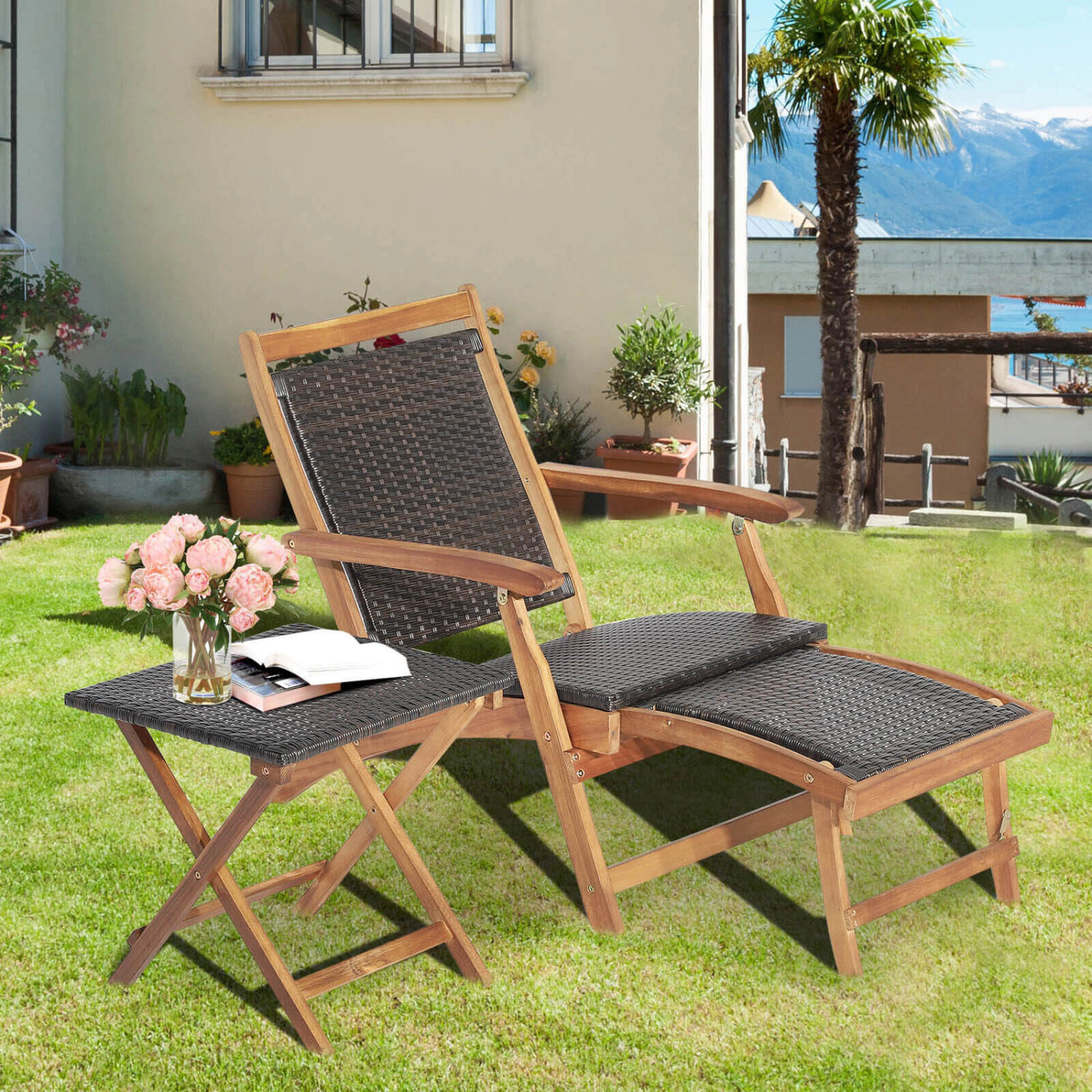 LJG 3 Pieces Patio Rattan Folding Lounge Chair Set of 2 with Acacia Wood Table