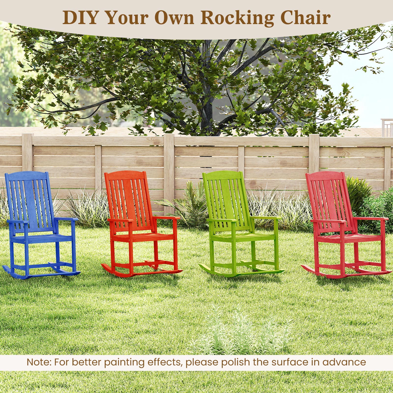 SUGIFT Solid Wood Outdoor Rocking Chair High Back Rocker 400-Lb Capacity 35.5-in Frame Slatted Seat Natural