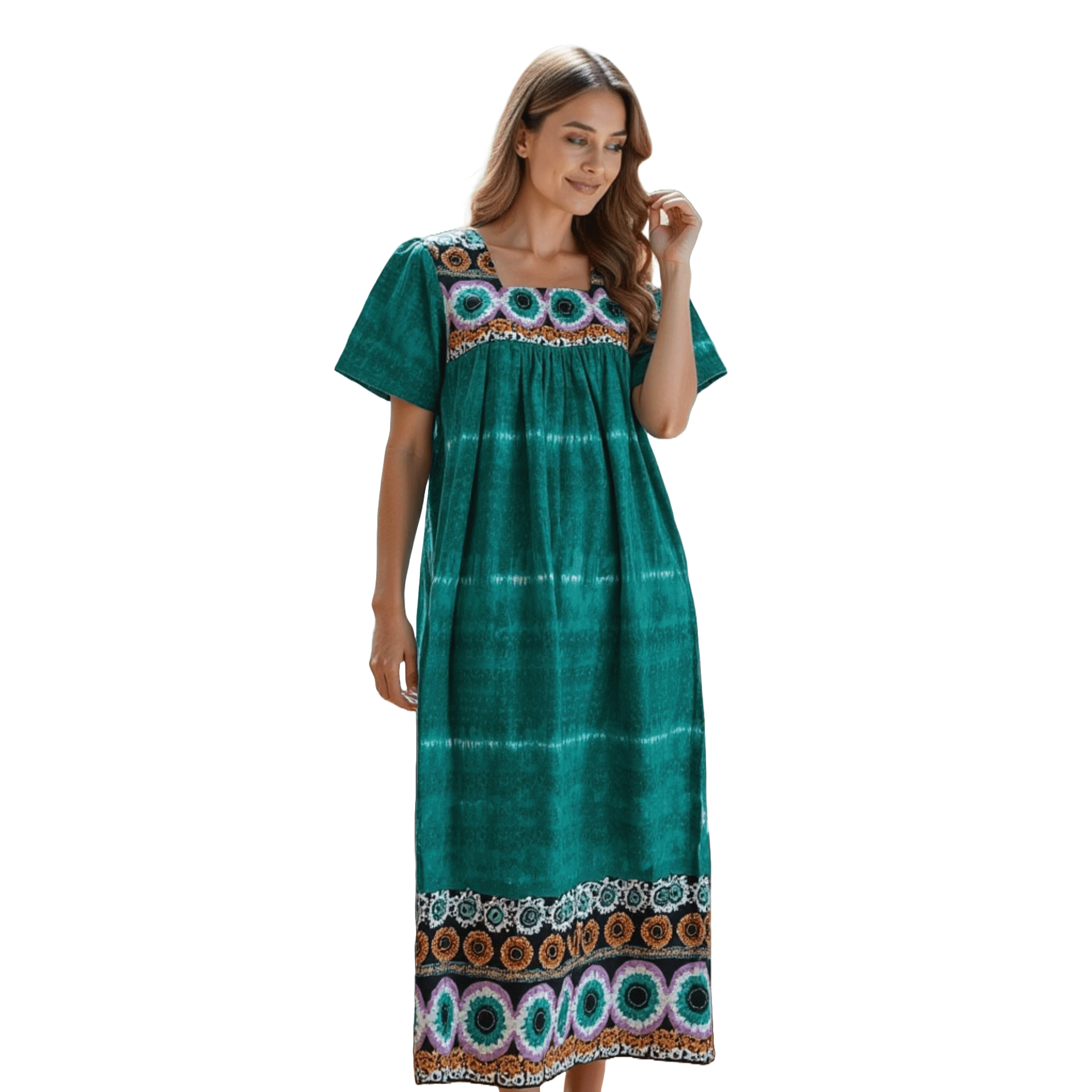 Loungees Border Print Cotton Lounge Dress House Caftan Square Neck Yoke Short Sleeve