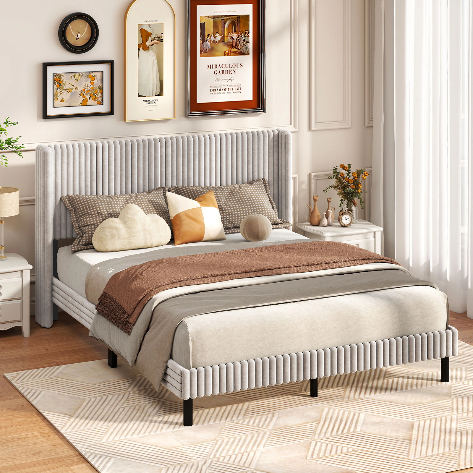 SUGIFT Queen Velvet Upholstered Platform Bed, White, Wingback Channel-Tufted Headboard, 800-lb Capacity
