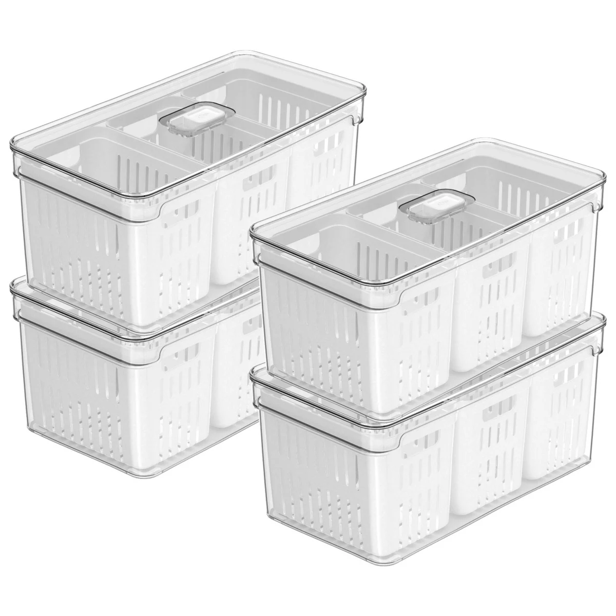 OU Fridge Organizer Bins w/ Drain Baskets & Vented Lid, Clear Stackable Refrigerator Storage Container, BPA Free, 4 Pack