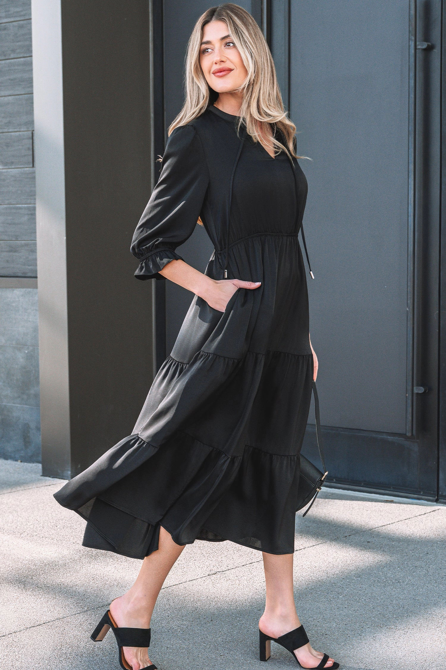 Threaded Pear Women's Natasha Sleeve Tiered Maxi Dress
