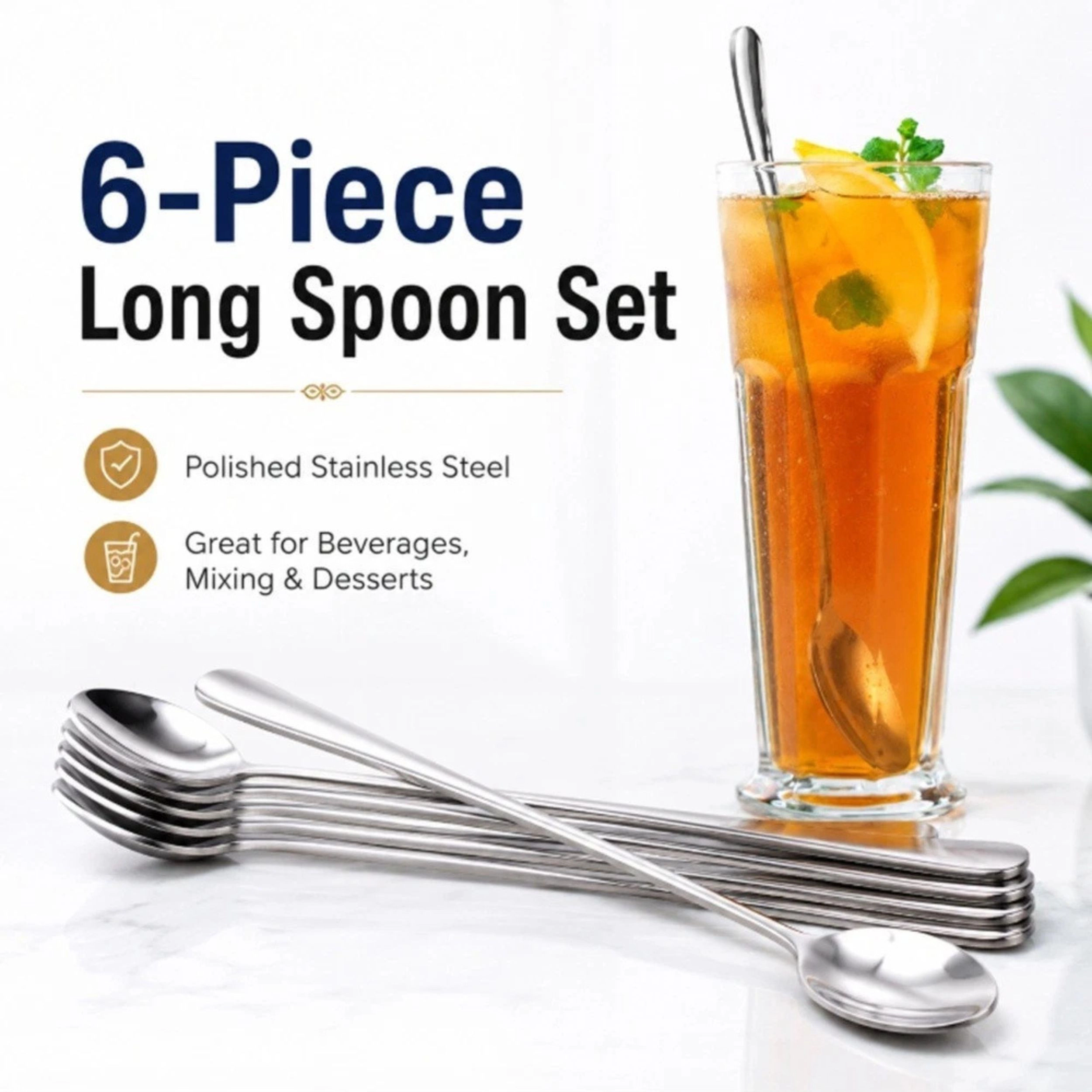 Home Collection Pack of 6, 7.5-Inch Stainless Steel Long Handle Mixing Spoons