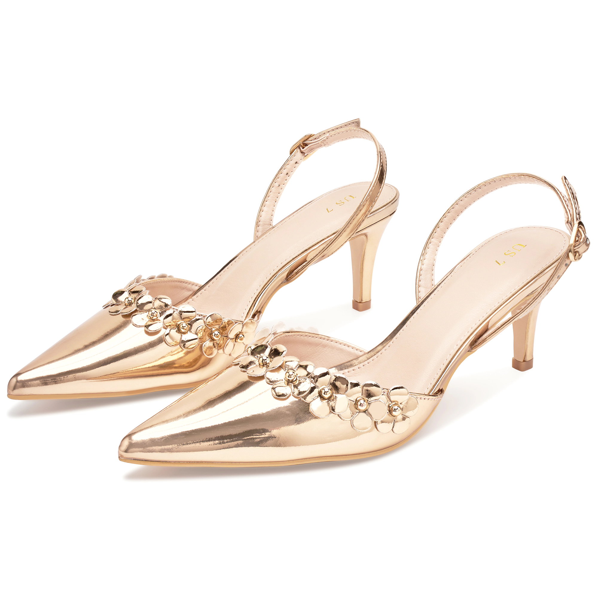 BLISSFUL STEP Women Floral Pointed Toe Slingback Stiletto Heel Wedding Pumps