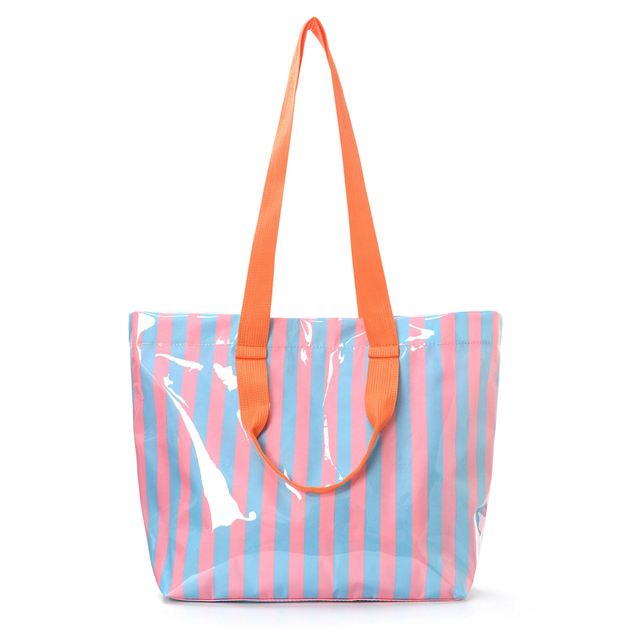 Alilang Women's Striped PVC Beach Tote Bag with Magnetic Closure and Zip Pocket, Green Pink Stripe