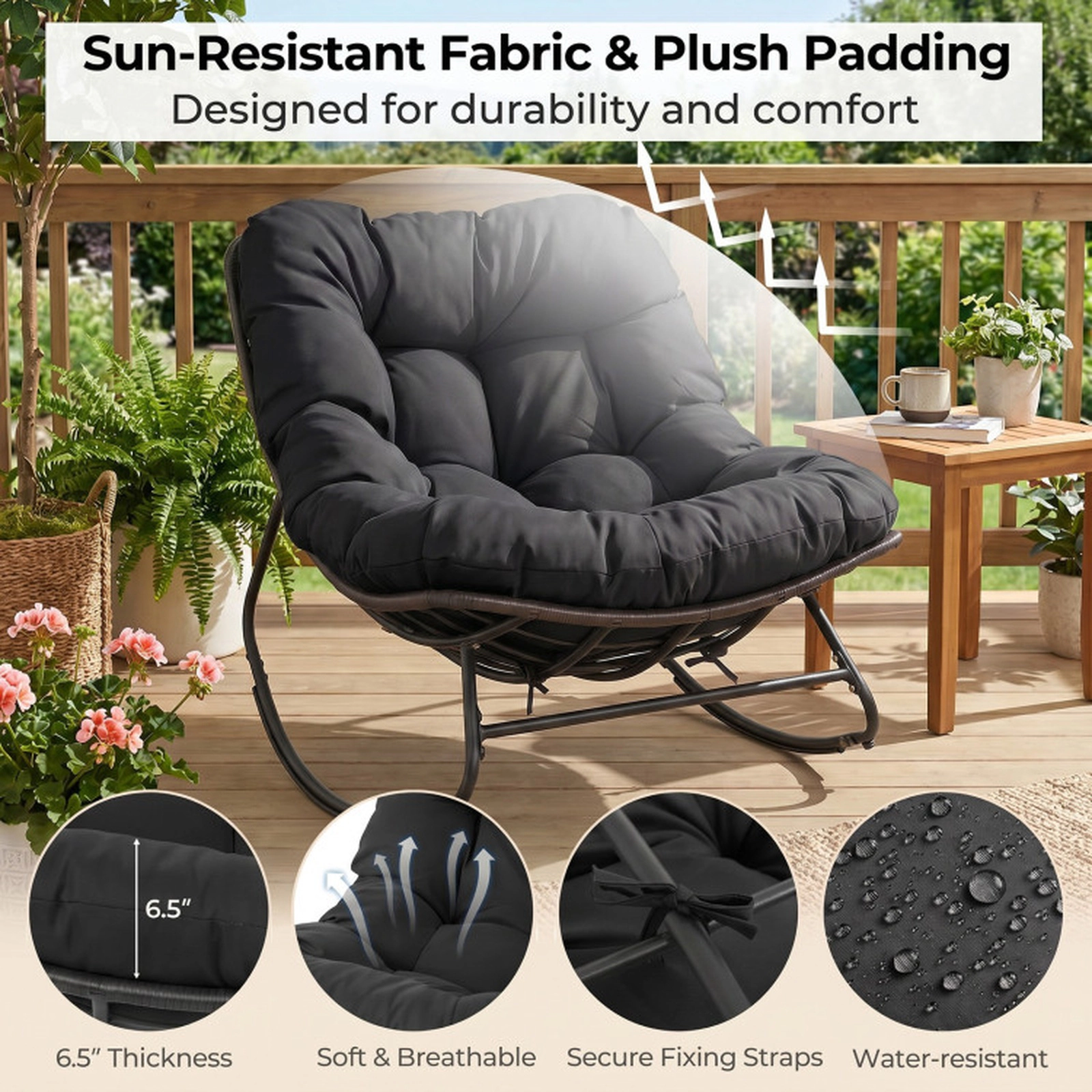 SUGIFT Thick Removable Cushion and Metal Frame Outdoor Papasan Rocking Chair