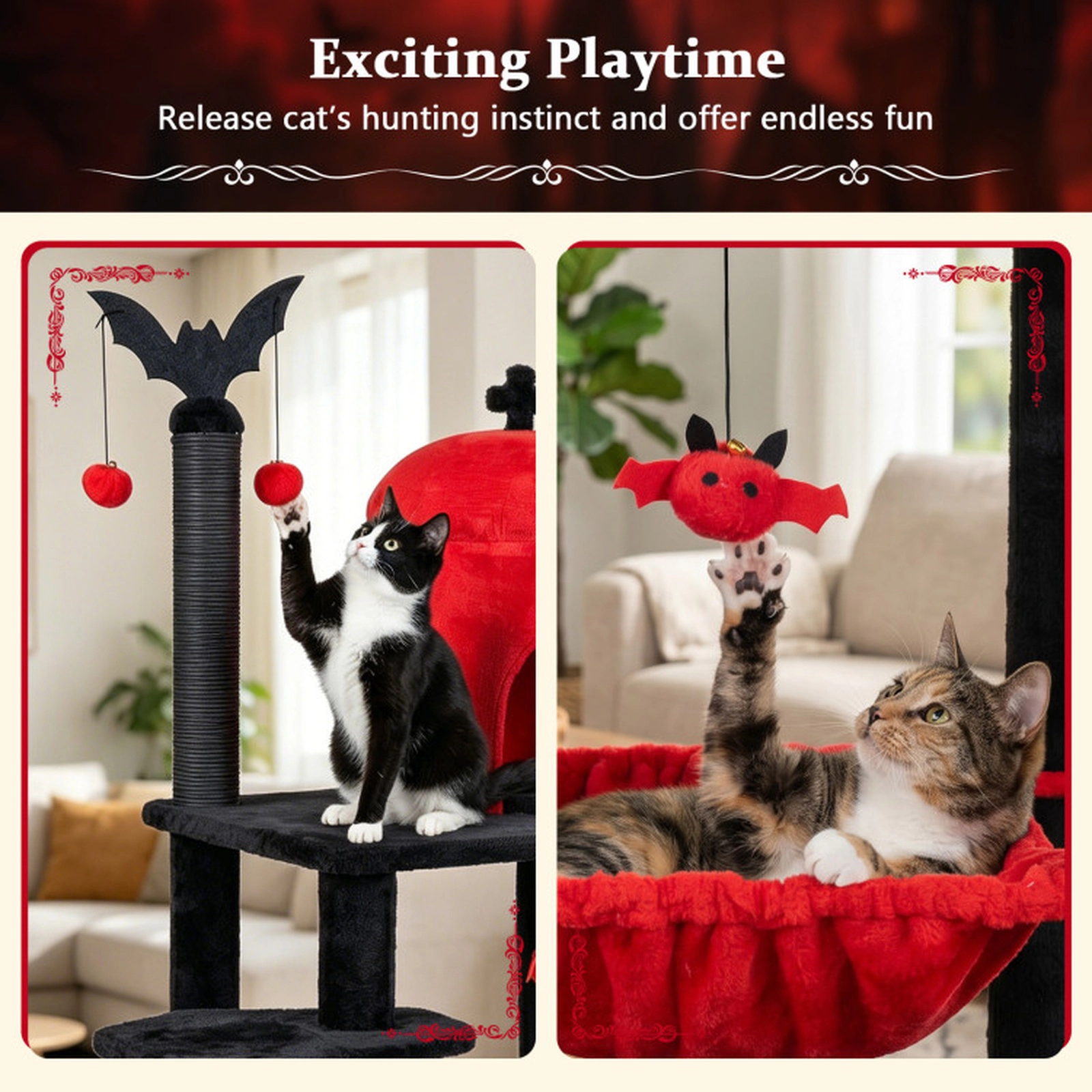 SUGIFT 51-in Gothic Multi-level Cat Tree with Spider Hanging Toy 22-lb Capacity Halloween Red & Black