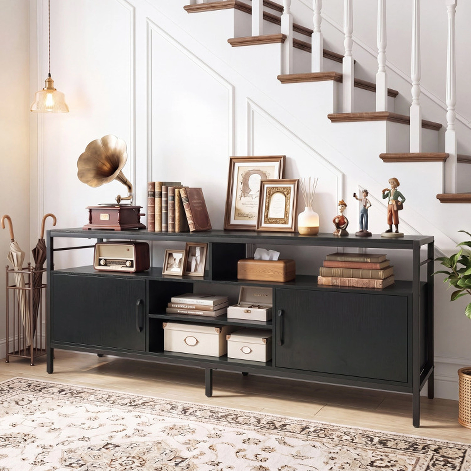 SUGIFT 58-in Industrial TV Stand with Cabinets and Adjustable Shelf 310-lb Capacity for TVs up to 65 in Black