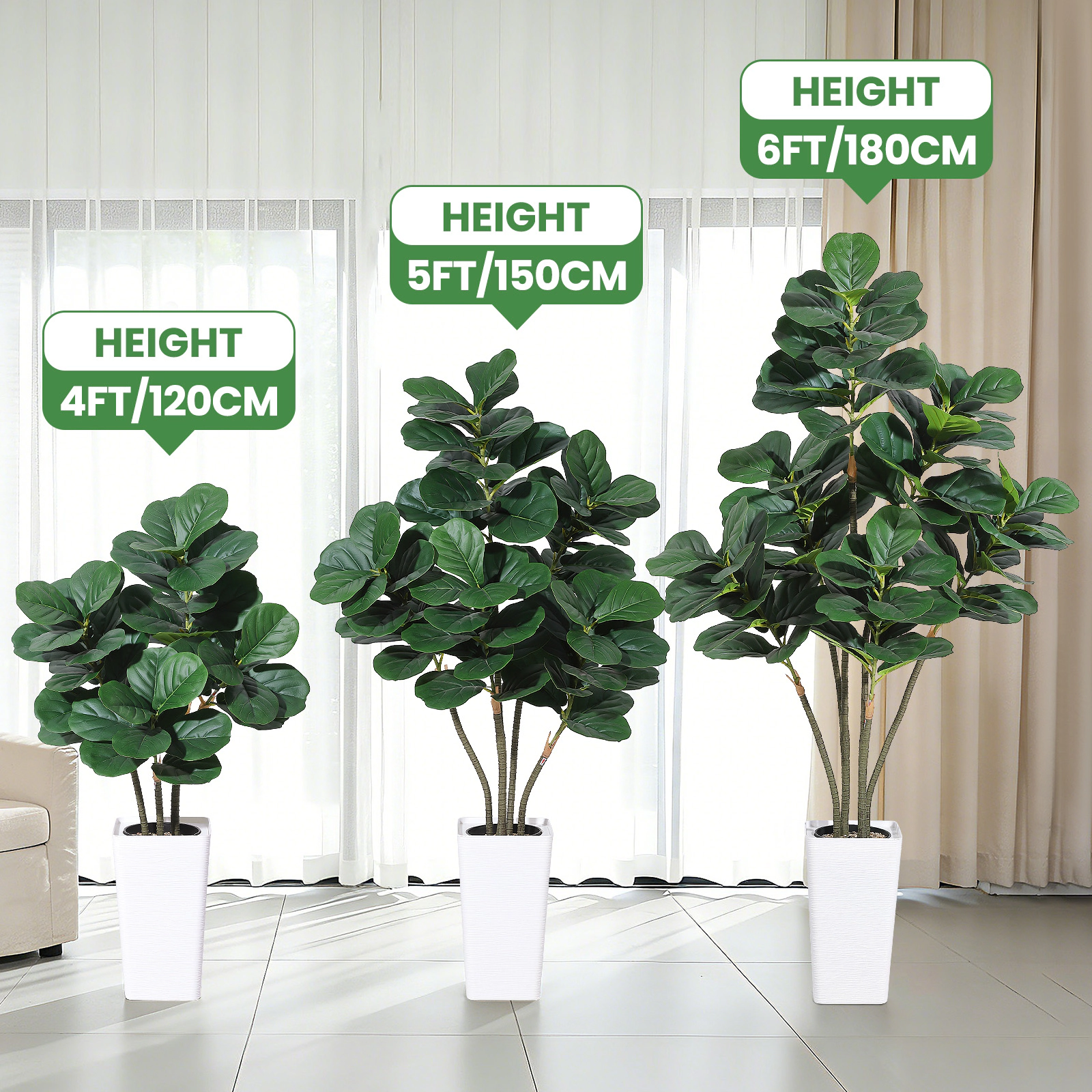 4FT Artificial Fiddle Leaf Tree Faux Ficus Lyrata Silk Plant with White Planter, Realistic Floor Fig for Living Room