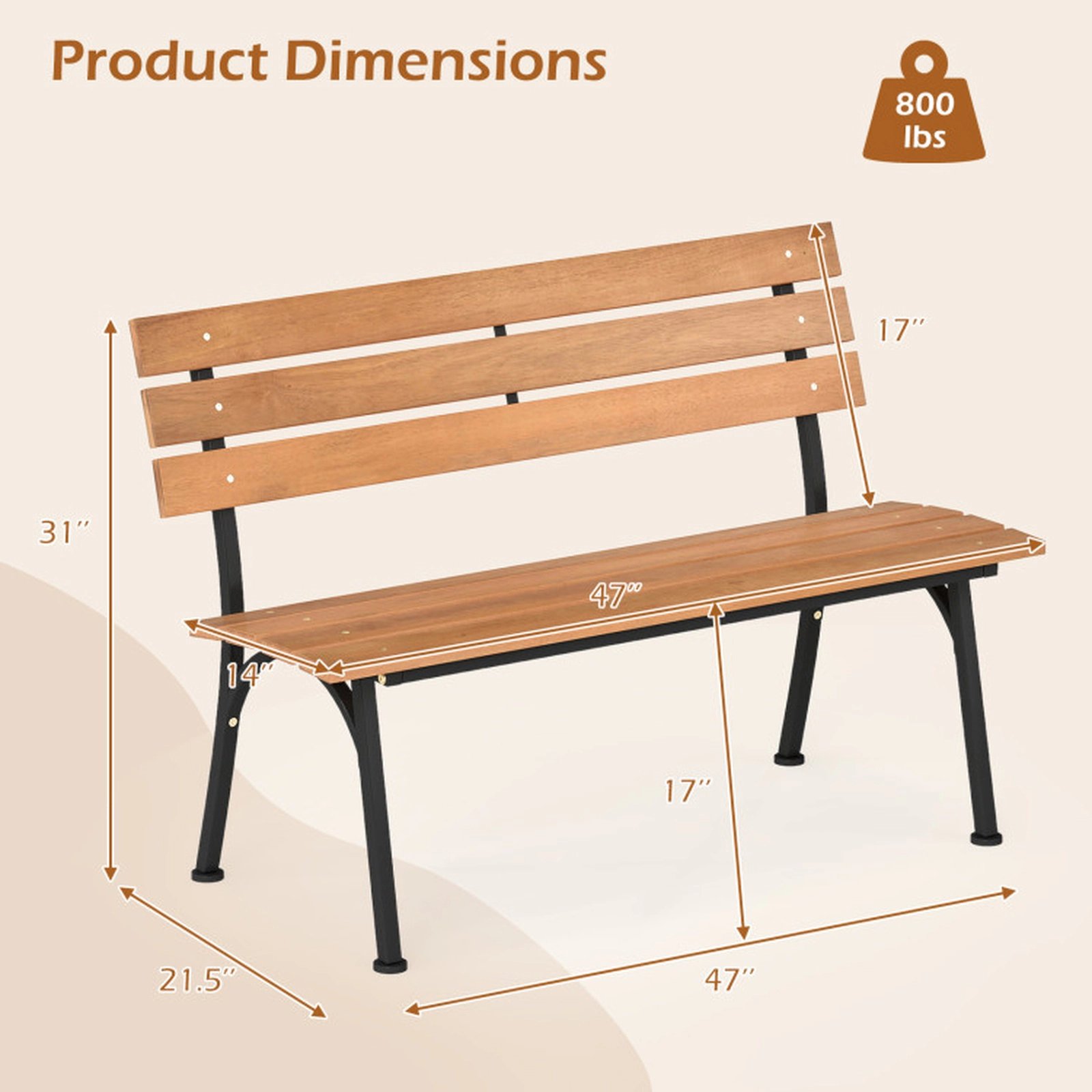 SUGIFT 47-Inch Outdoor Garden Bench, Acacia Wood Seat, Black Metal Frame, 800-Lb Capacity