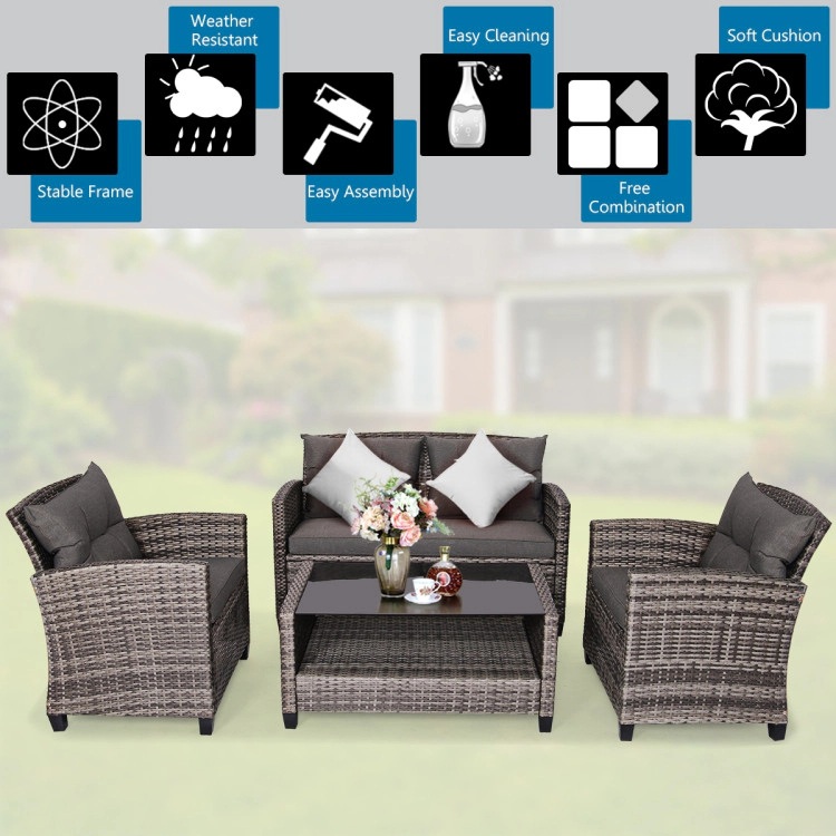 Hivvago 4 Pieces Patio Rattan Furniture Set Coffee Table Cushioned Sofa