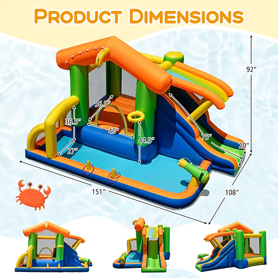 SUGIFT Multicolor Kids 8-in-1 Inflatable Water Slide with Football Goal and 480W Blower 151-in W 108-in D 92-in H