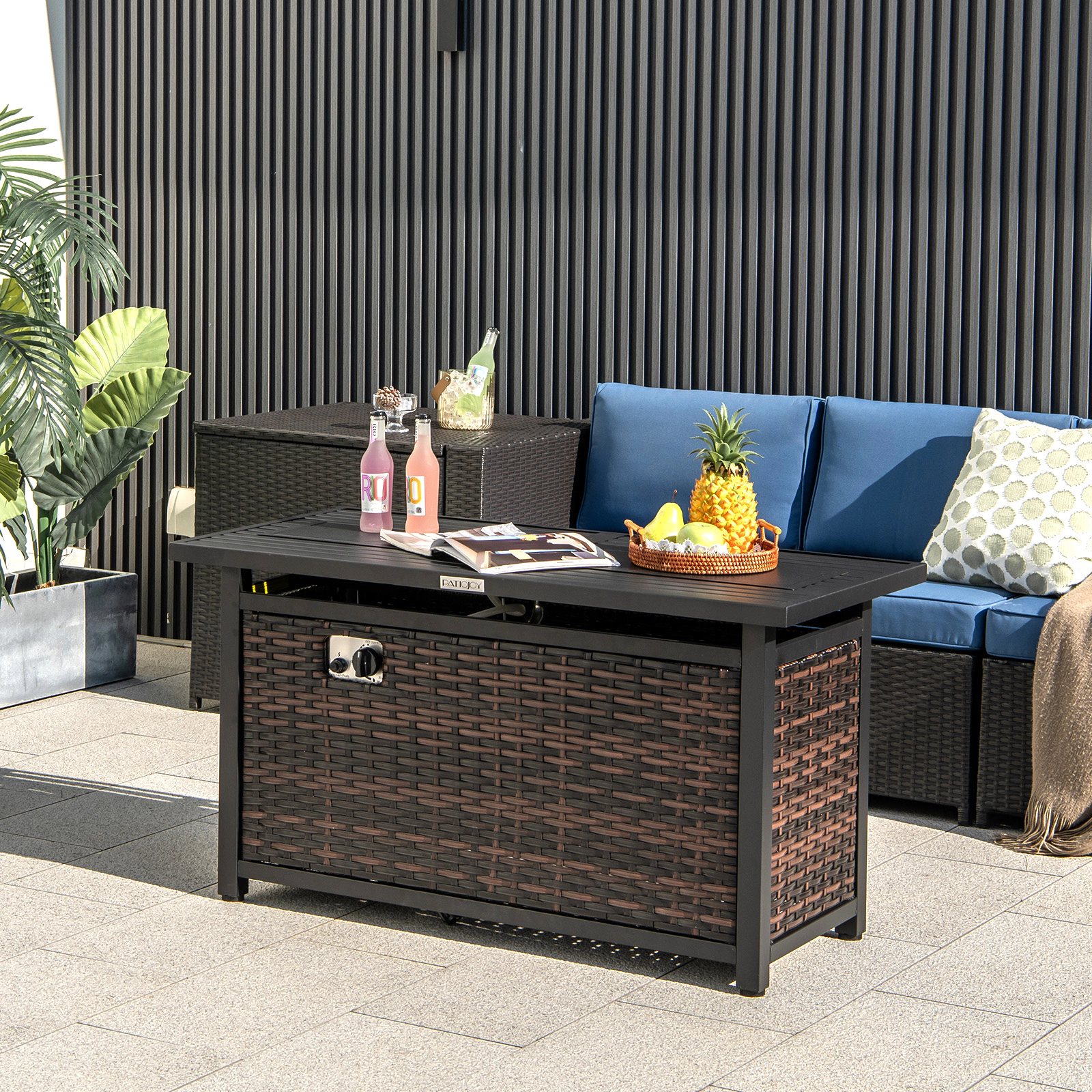 SUGIFT Brown Rattan Propane Fire Pit Table with Glass Stones 45-in W 23-in D 25-in H 220-lb Tabletop Capacity