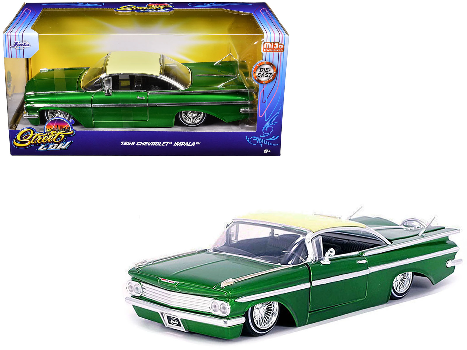 Jada 1959 Chevrolet Impala Lowrider Green Metallic with Cream Top and Wire Wheels "Street Low" Series 1/24