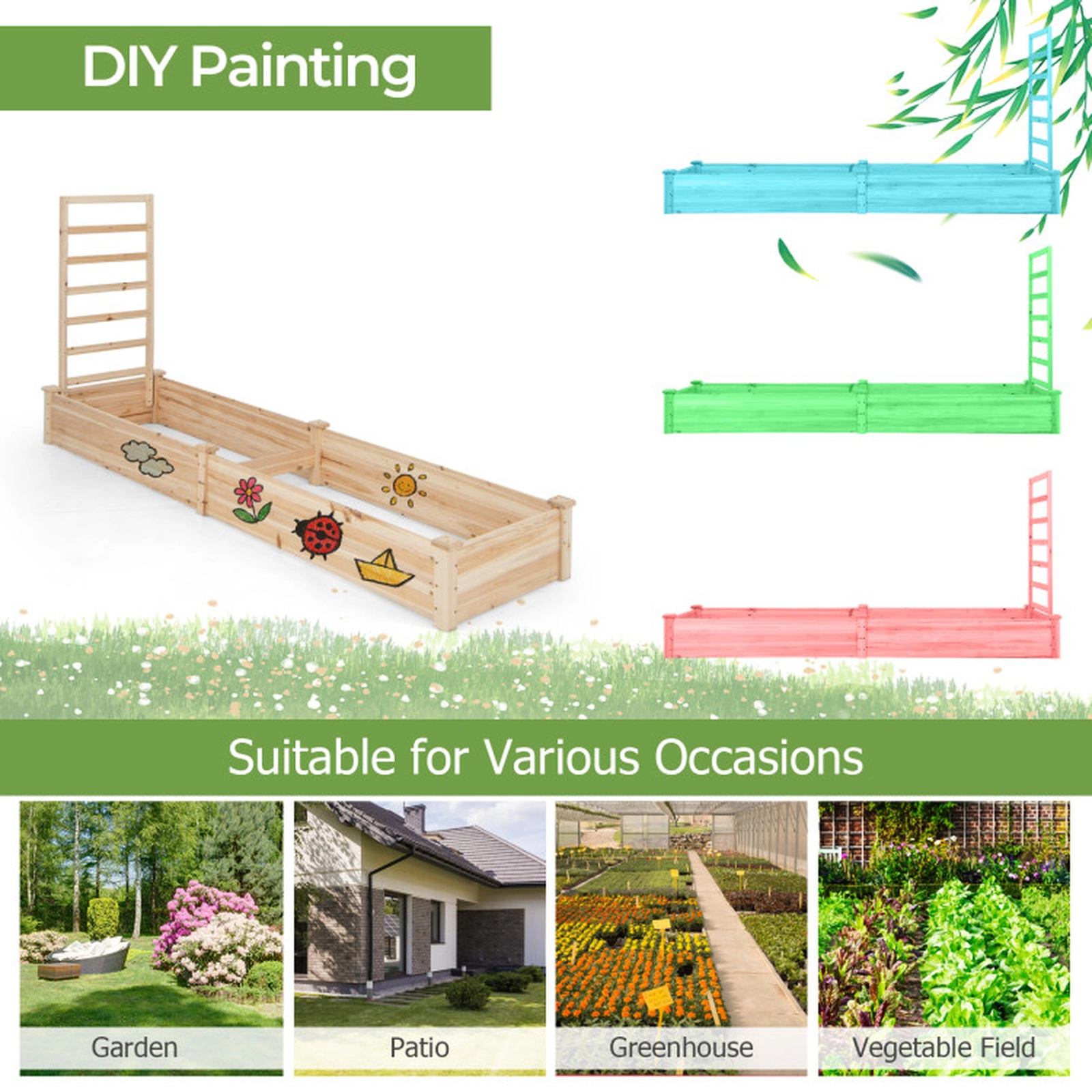 SUGIFT 93-in 10-cu ft Natural Fir Wood Raised Garden Bed with 2-Compartment Planter Box and Trellis