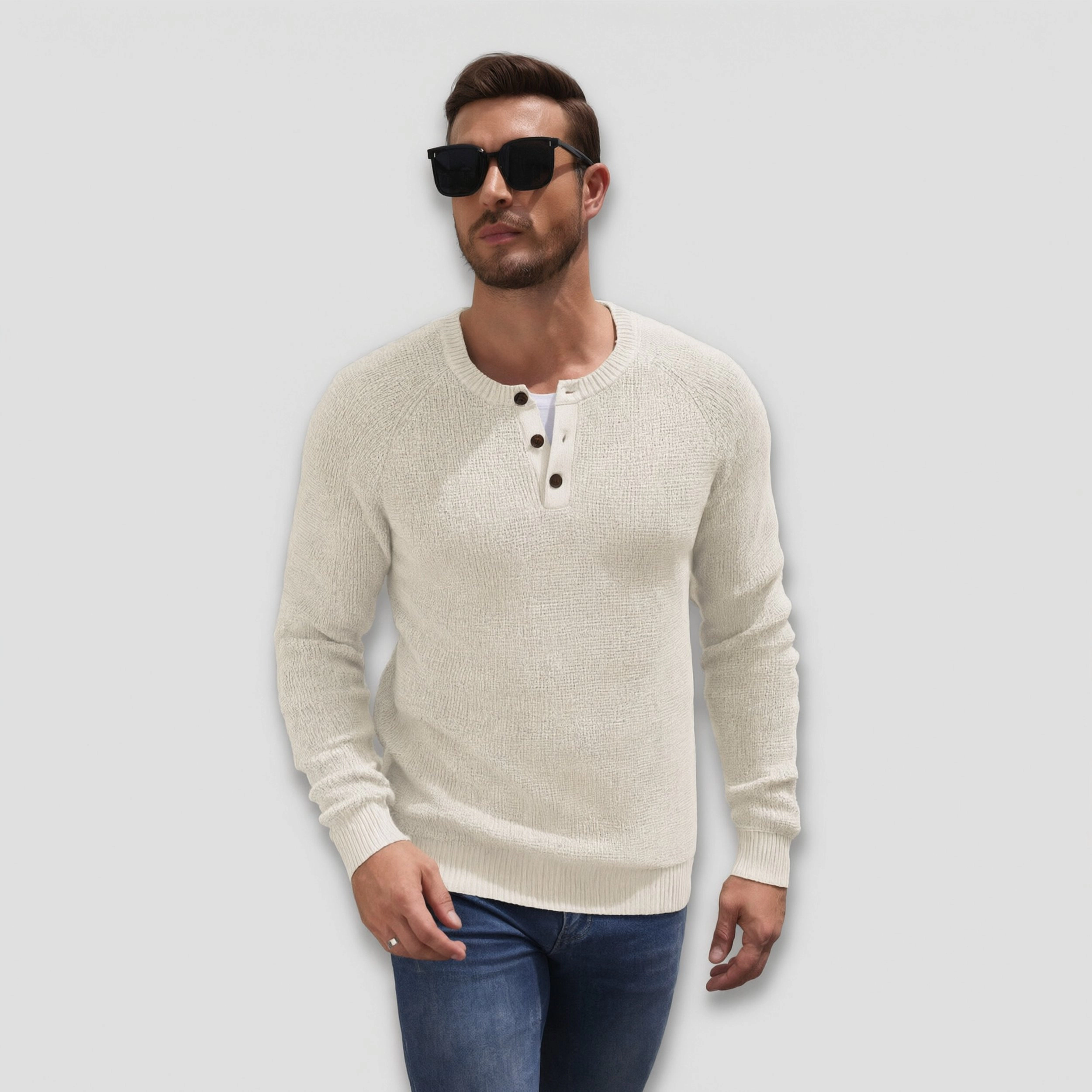 COOFANDY Men's Henley Waffle Knit Raglan Sleeve Button Crewneck Pullover