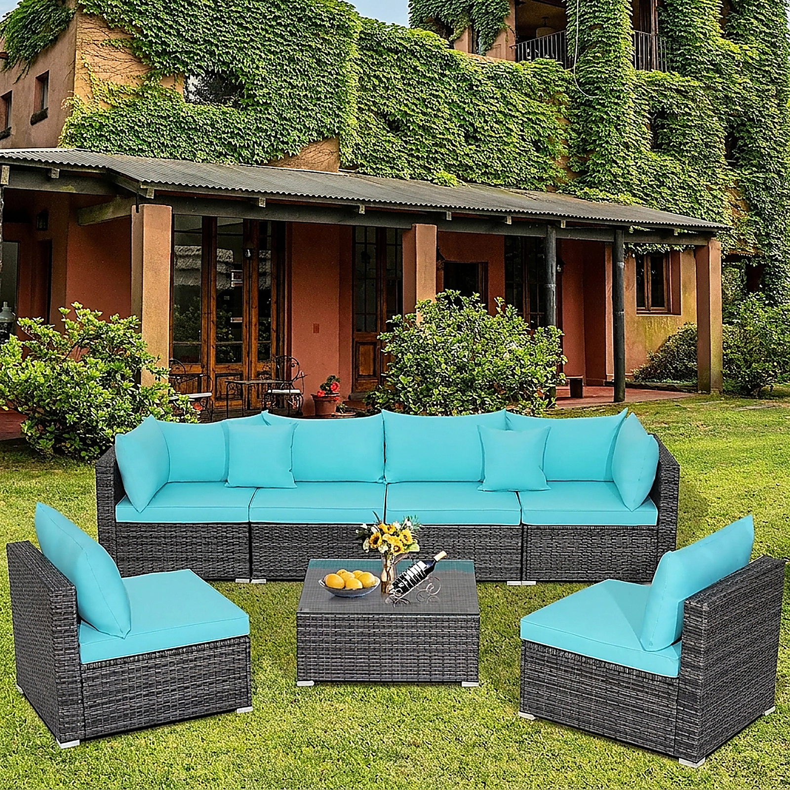 SUGIFT 7-Piece Turquoise Wicker Patio Sectional Set, 4 Armless Sofas, 2 Corner Sofas, Cushions