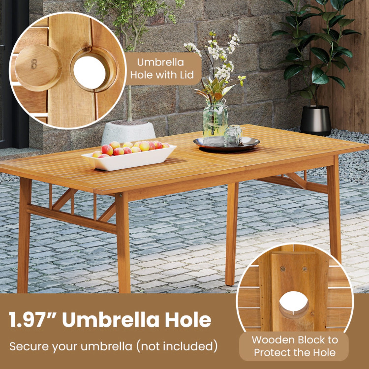 SUGIFT Outdoor Acacia Wood Dining Table with Umbrella Hole 63-in Long 165-lb Capacity Seats 4-6 Natural