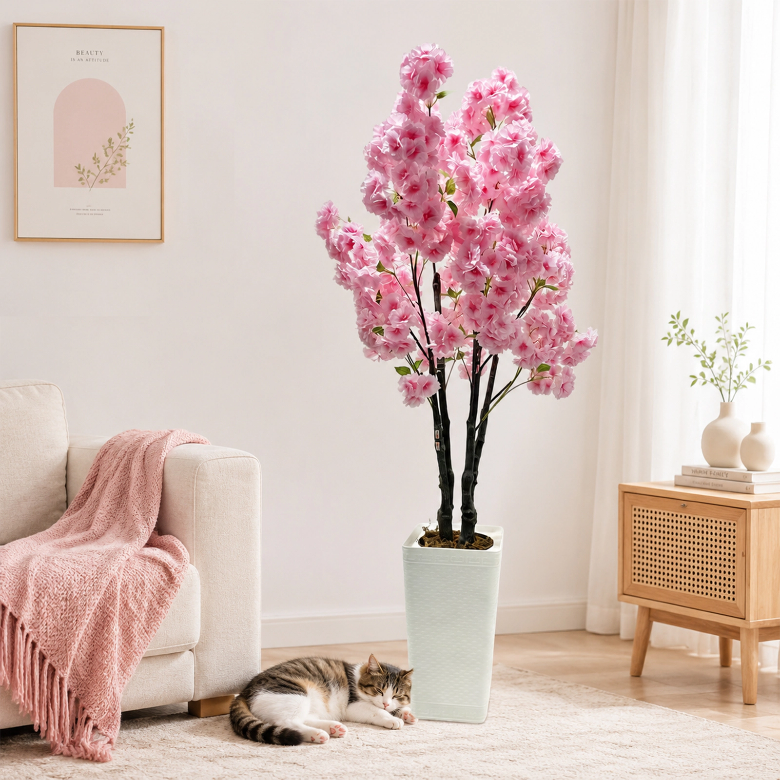 5FT Faux Cherry Blossom Tree – Large Silk Spring Flowering Tree with White Planter, Adjustable Branches, Realistic Dec
