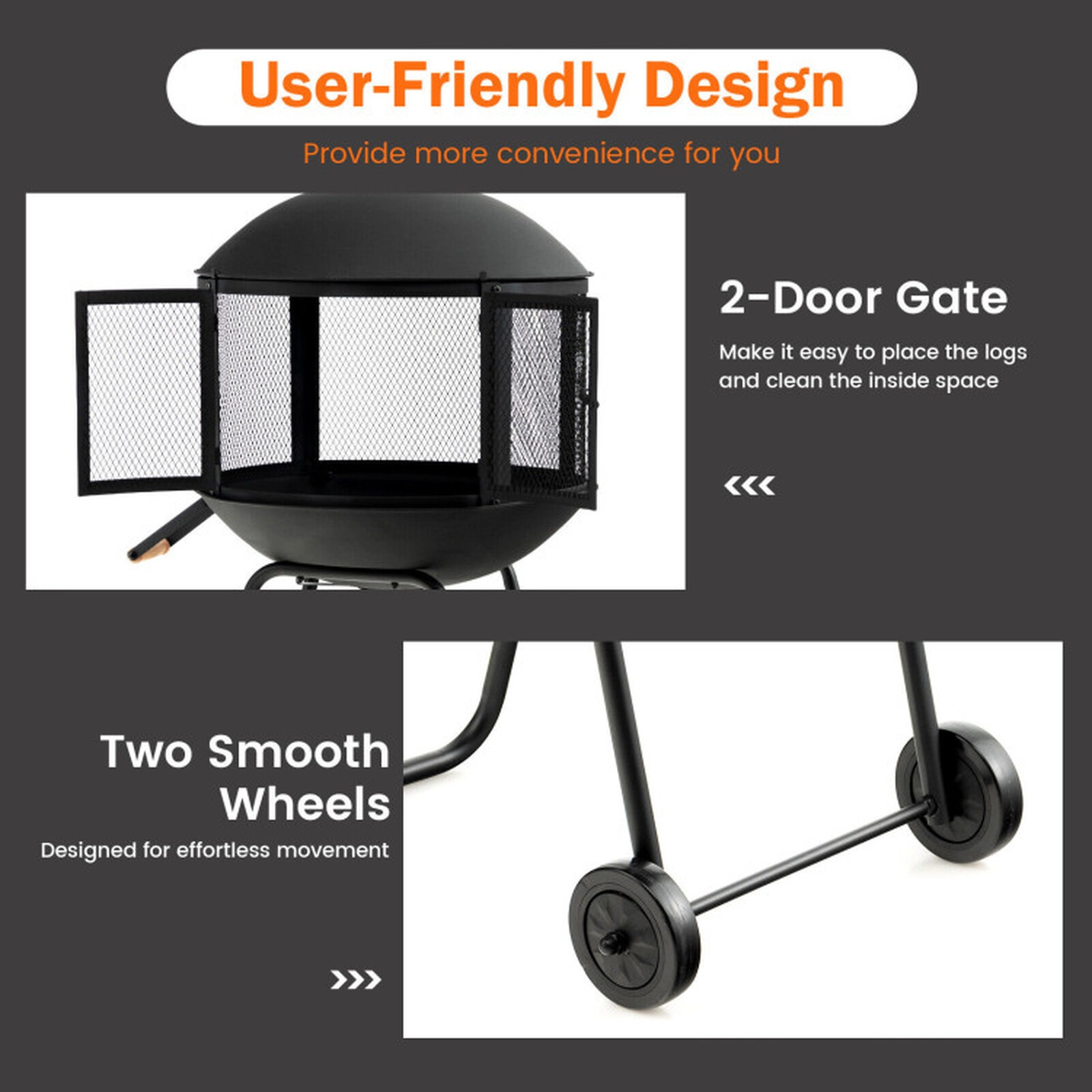 SUGIFT Portable Black Rolling Steel Fire Pit with Log Grate and Mesh Spark Cover 27-in W 20-in D 42.5-in H