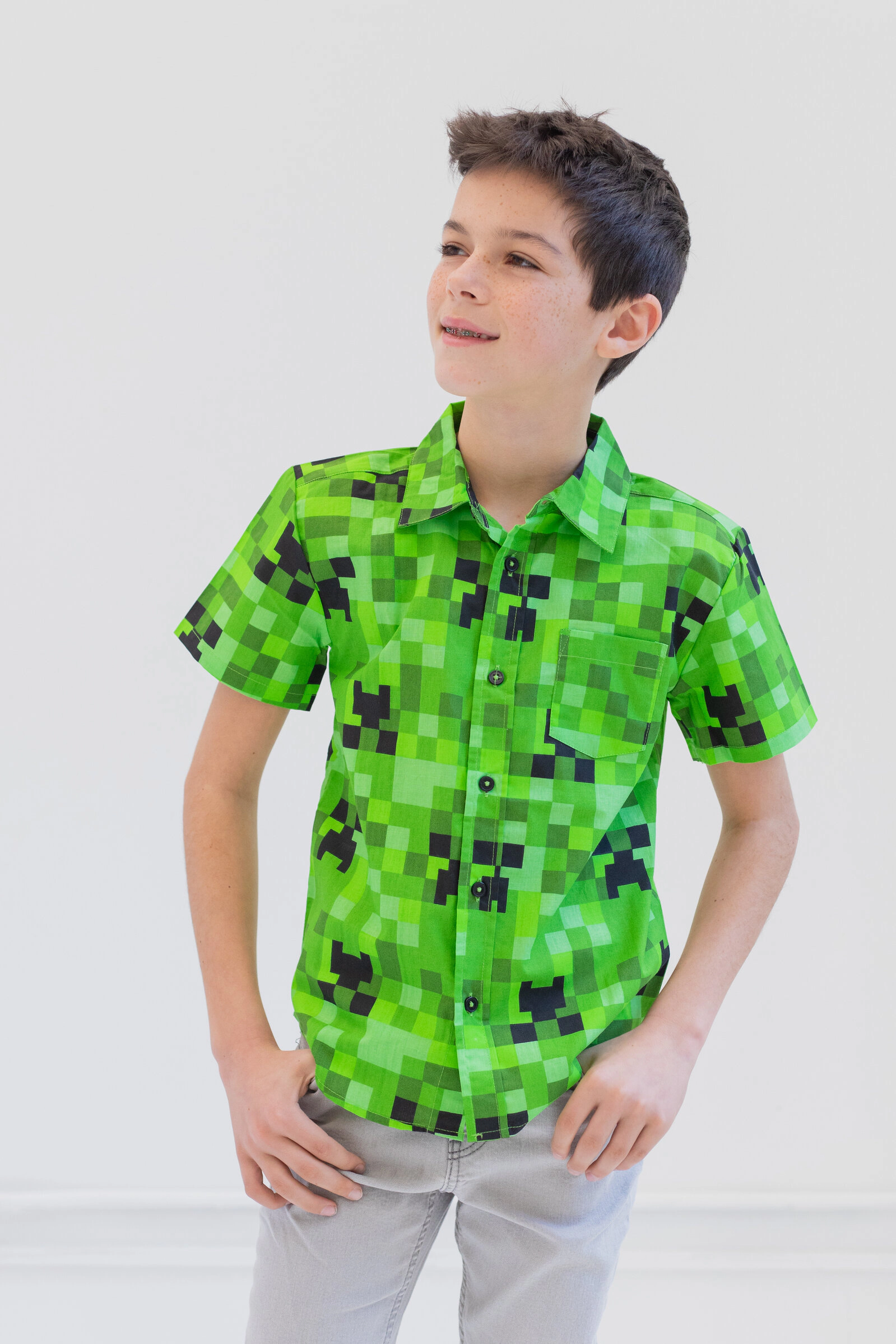 Minecraft Creeper Boys' Short Sleeve Button Down Shirt