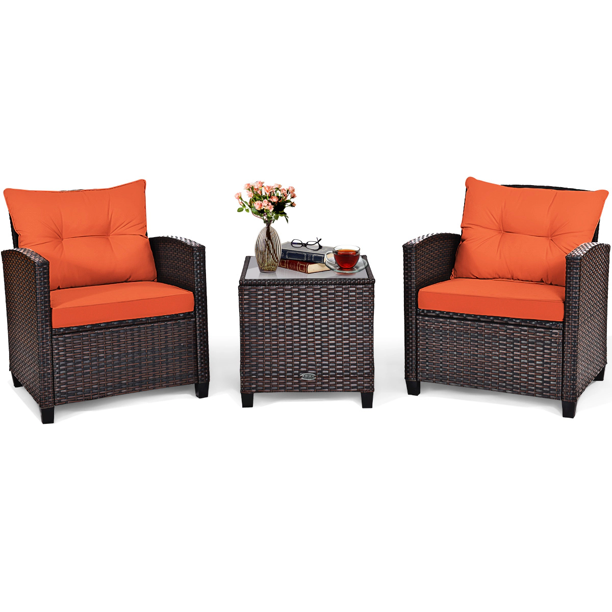 SUGIFT 3-Piece Rattan Patio Conversation Set with Washable Cushions 360-lb Chair Capacity Red Beige Turquoise