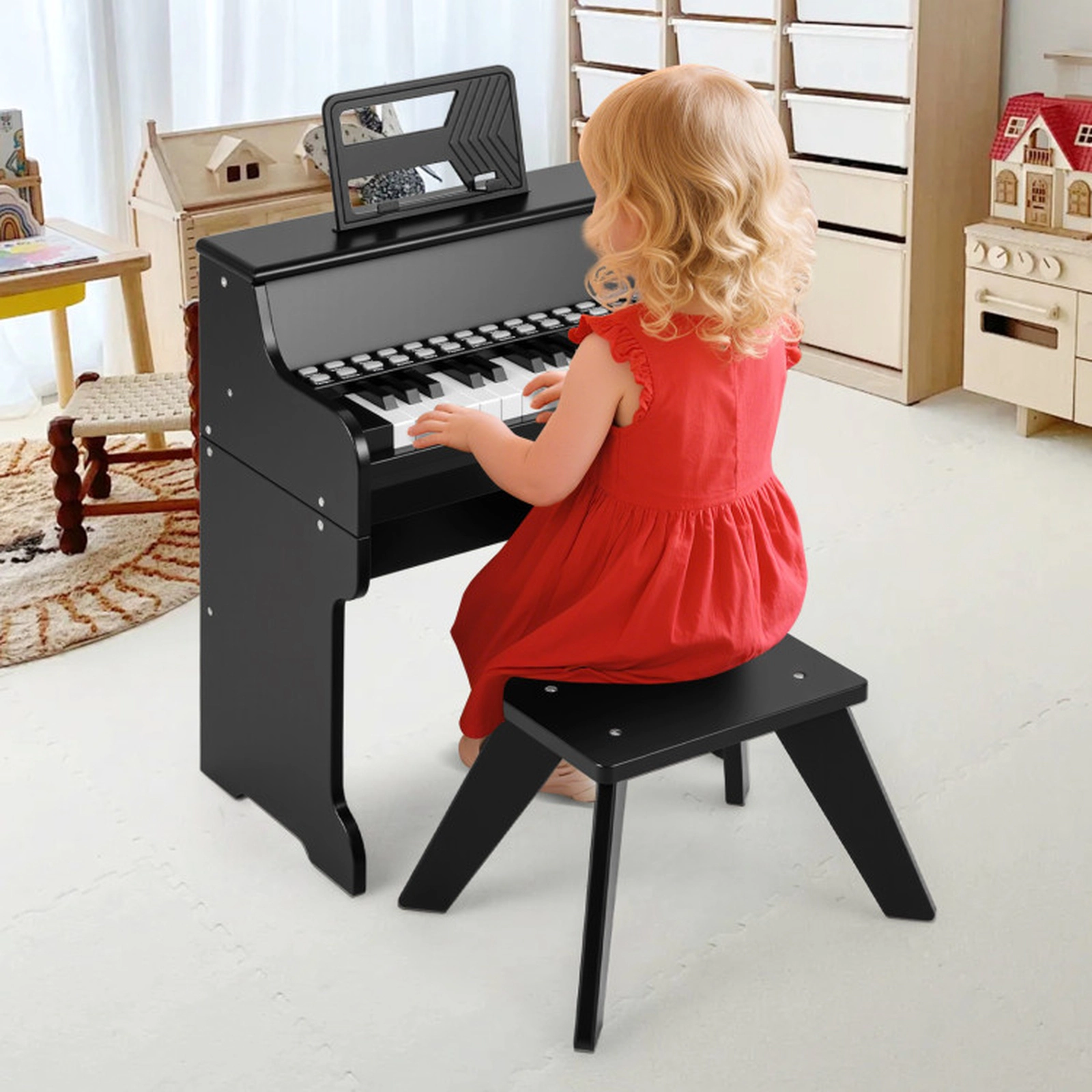 SUGIFT 25-Key Kids Digital Piano Keyboard with Stool Mini Wooden Piano 15-in Wide Ages 3+ Speed and Volume Black