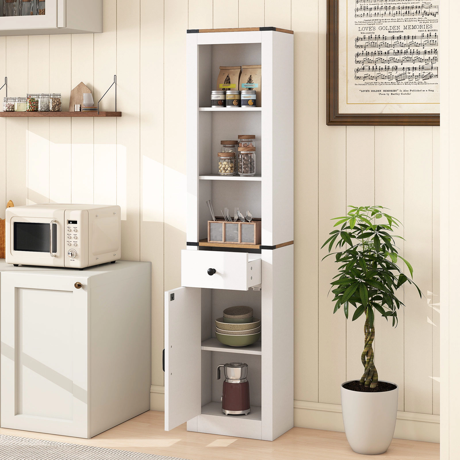 SUGIFT 68-in Tall Bathroom Cabinet with Barn Door Drawer Adjustable Shelves 33-lb Tier Capacity White & Natural