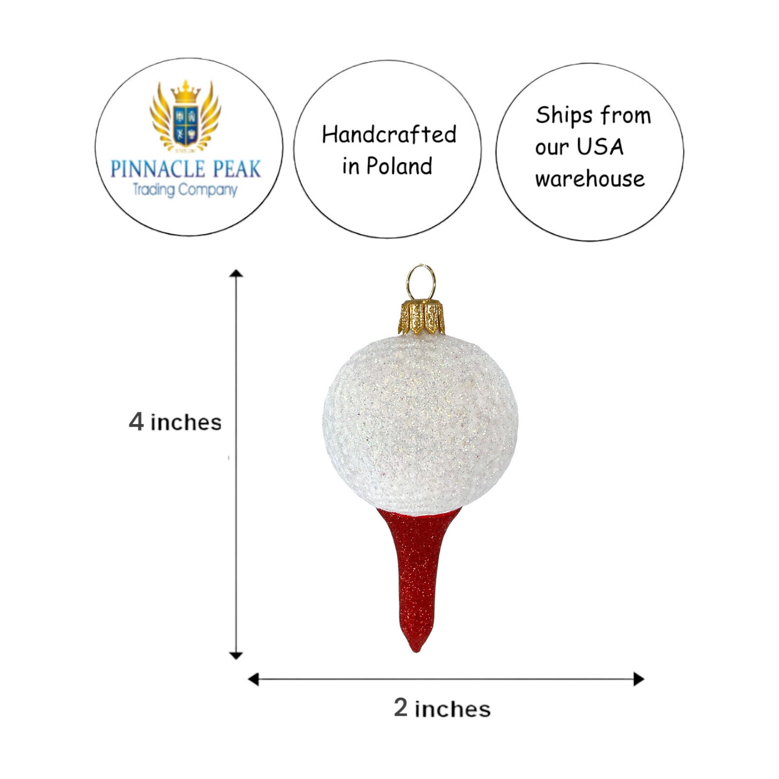 Pinnacle Peak Trading Company Golf Ball on Red Tee Polish Blown Glass Hanging Christmas Tree Ornament 4 inch