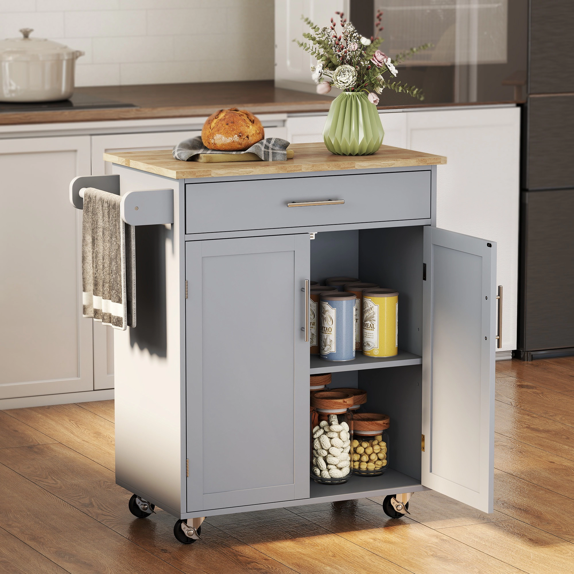 HONGGE Kitchen Island Cart Rolling Table with Solid Wood Top Trolley Drawer Storage Cabinet & Towel