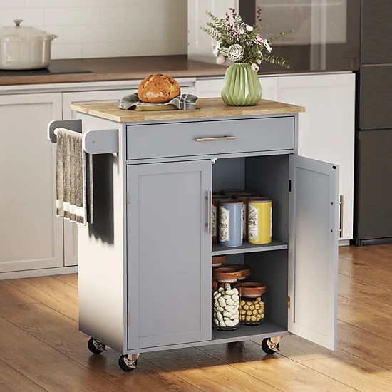 HONGGE Kitchen Island Cart Rolling Island Table with Solid Wood Top Trolley Cart with Drawer Storage Cabinet & Towel