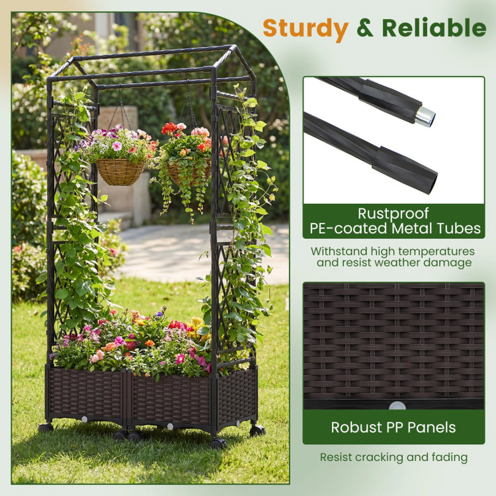 SUGIFT 5.5-ft Brown Self-Watering Planter Boxes with Lattice Trellis Roof and Lockable Universal Wheels