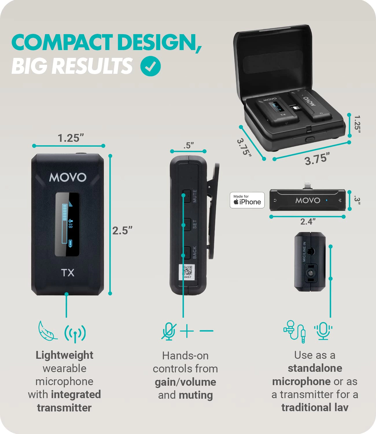 Movo WMX-2-L Wireless Microphone for iPhone with Charging Case - Lightning Microphone, Omnidirectional Mic, 328ft