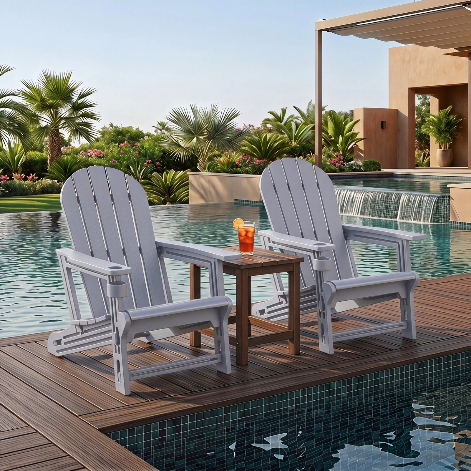 SUGIFT Set of 2 Gray HDPE Adirondack Patio Chairs with Cup Holders, Wood Grain Texture, 330-lb Capacity Each