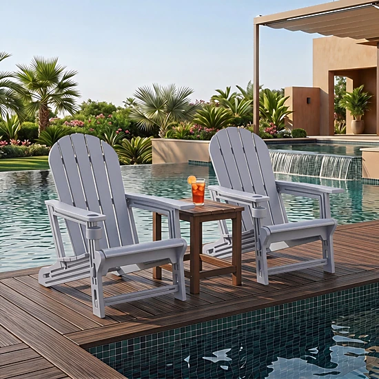 SUGIFT Set of 2 Gray HDPE Adirondack Patio Chairs with Cup Holders, Wood Grain Texture, 330-lb Capacity Each