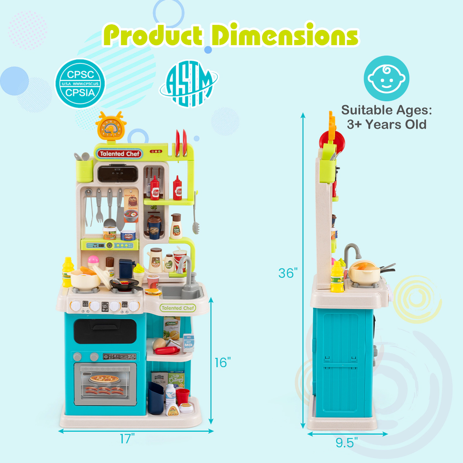 SUGIFT Blue 95 Accessories Steam Effect and Sounds Kids Corner Play Kitchen Playset