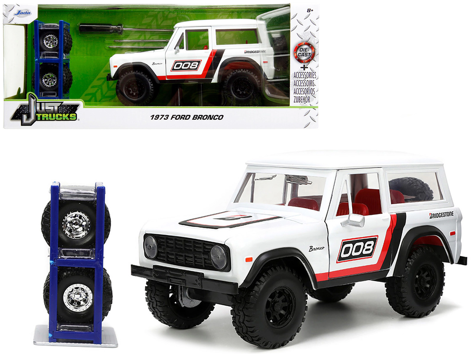 Jada 1973 Ford Bronco #008 White with Red and Black Stripes and Red Interior with Extra Wheels "Just Trucks"