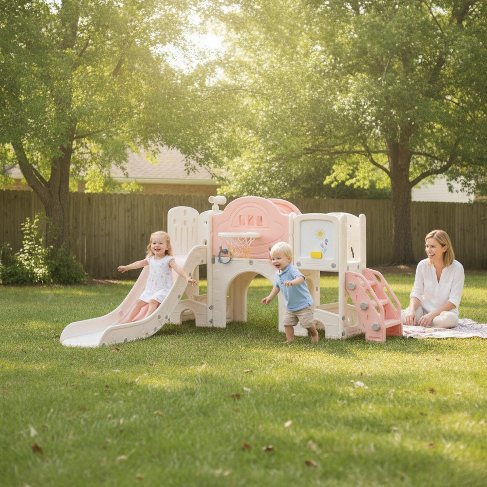 10-in-1 Toddler Slide Climber Playset 60-in Slide Magnetic Whiteboard Basketball Hoop and Crawl Tunnel Ages 3+ Pink
